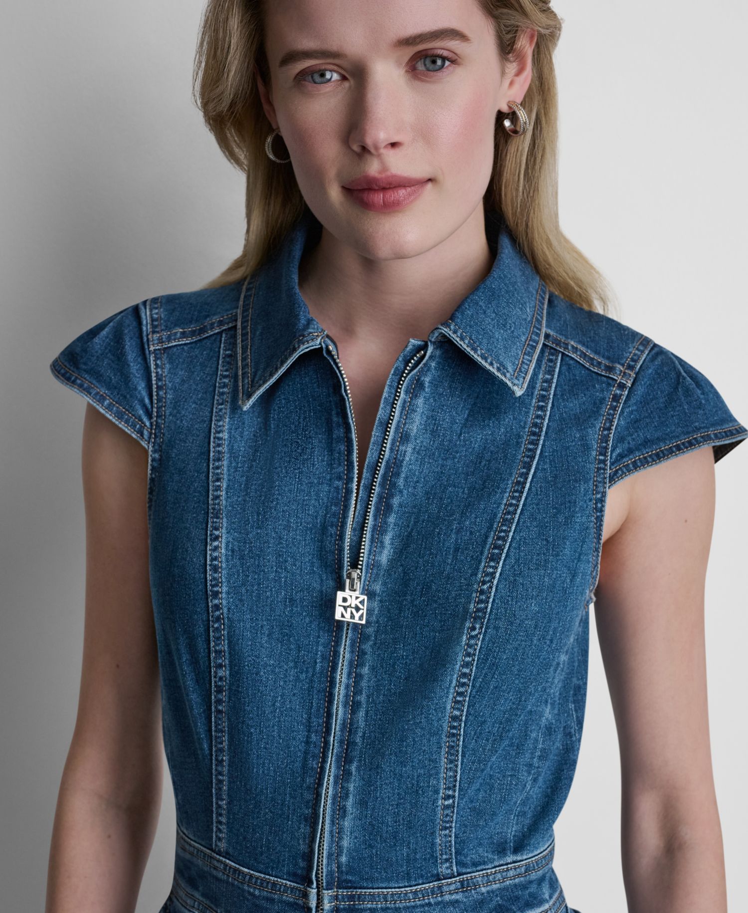 Women's Wide-Leg Cap-Sleeve Denim Jumpsuit