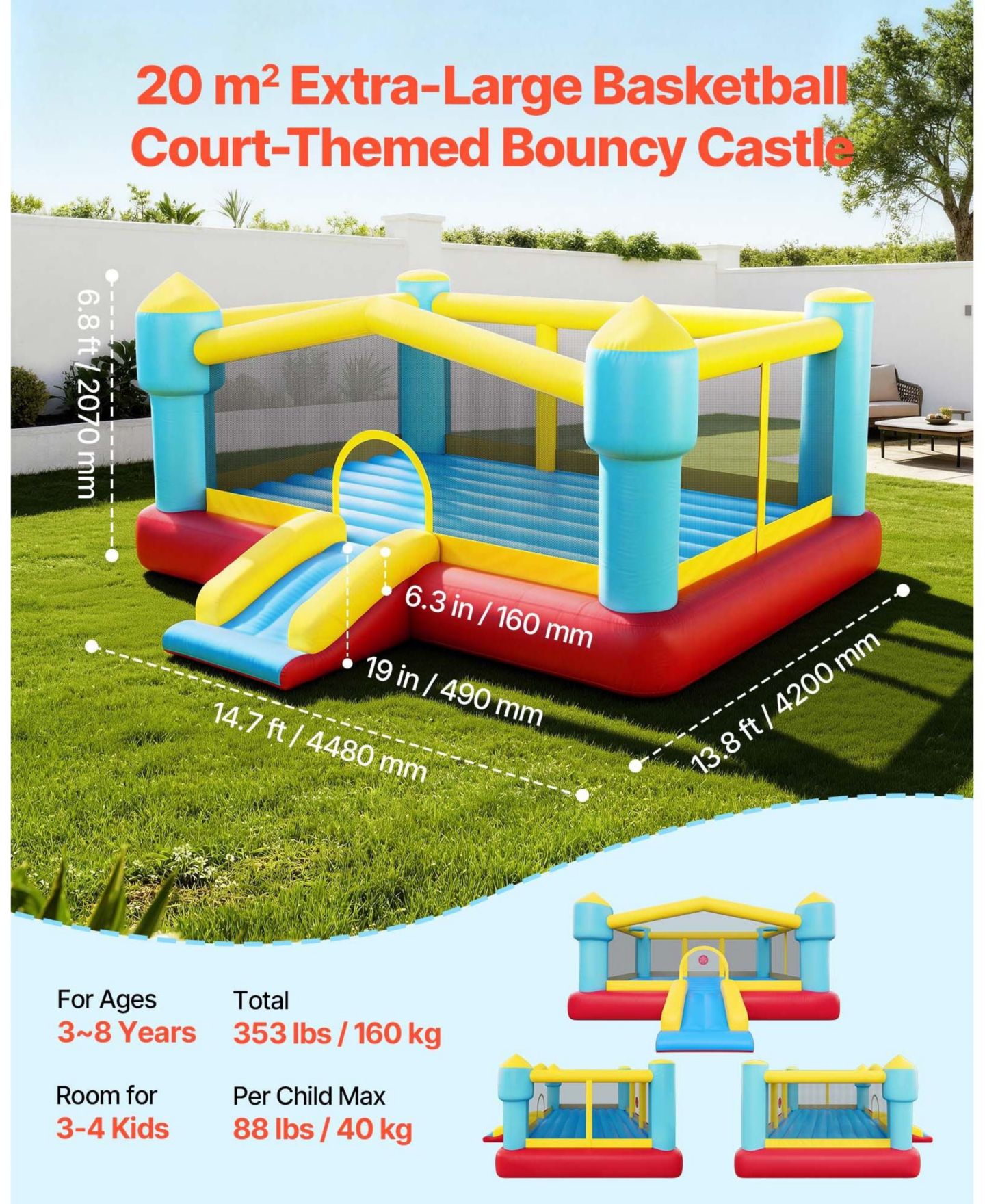Детская игрушка Mecale Inflatable Bounce House 14.7 x 13.8 Ft with Basketball Hoop, Ages 3, цвет: Синий — фото 11
