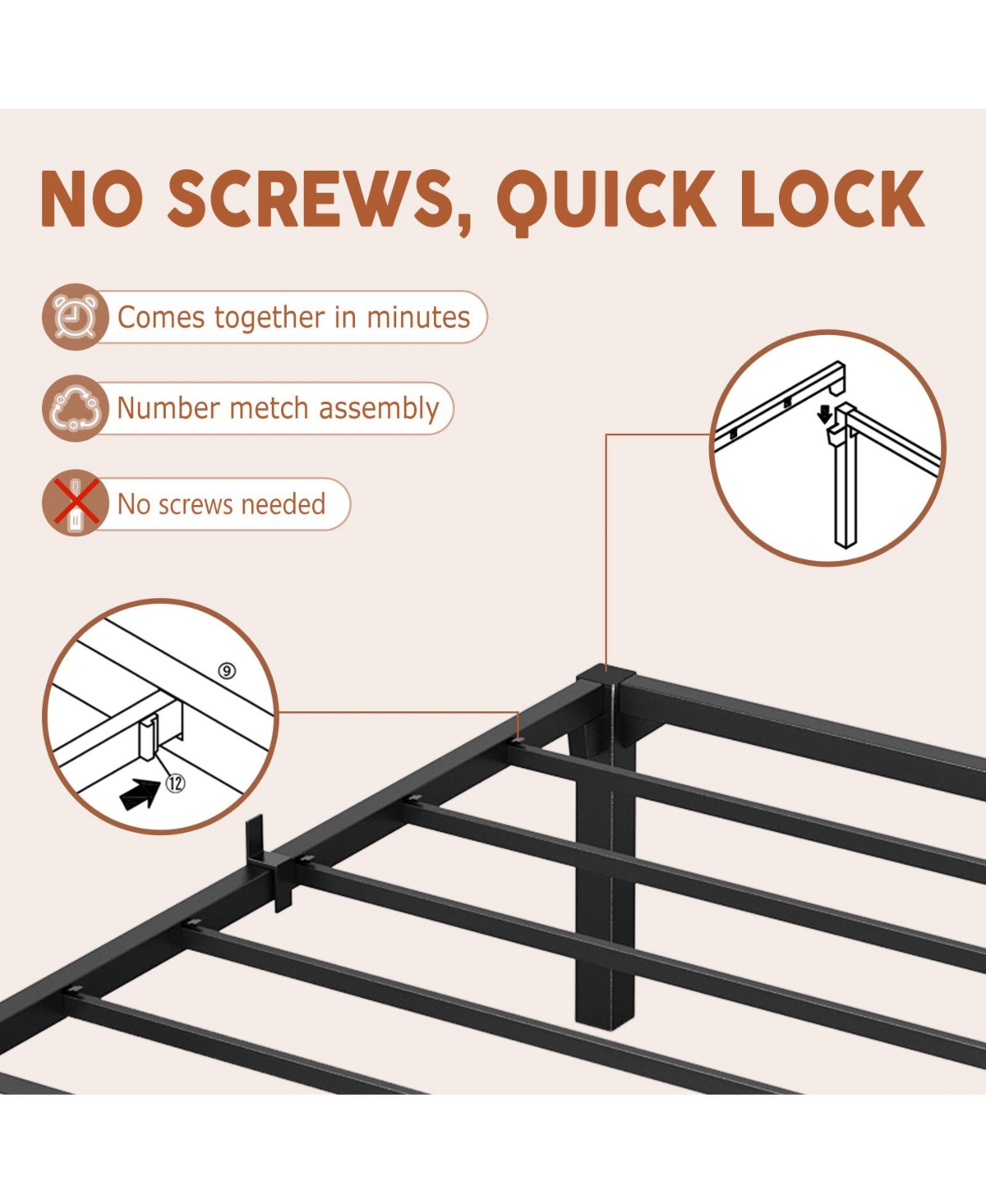 homfan Heavy Duty Metal PlLow Profile 14 Inch, Iron Slats and Legs, No Box Seasonal Needed, Quiet and Non-Slip,Under Bed Storage