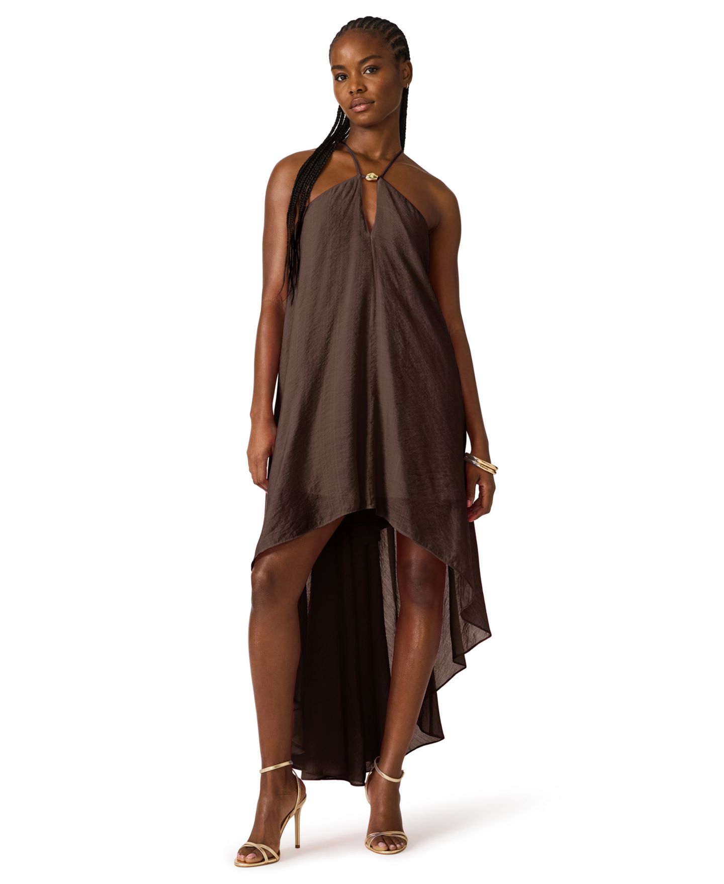 Женское платье Steve Madden Halter Neck Sleeveless High-Low Asymmetric, цвет: Коричневый — фото 1
