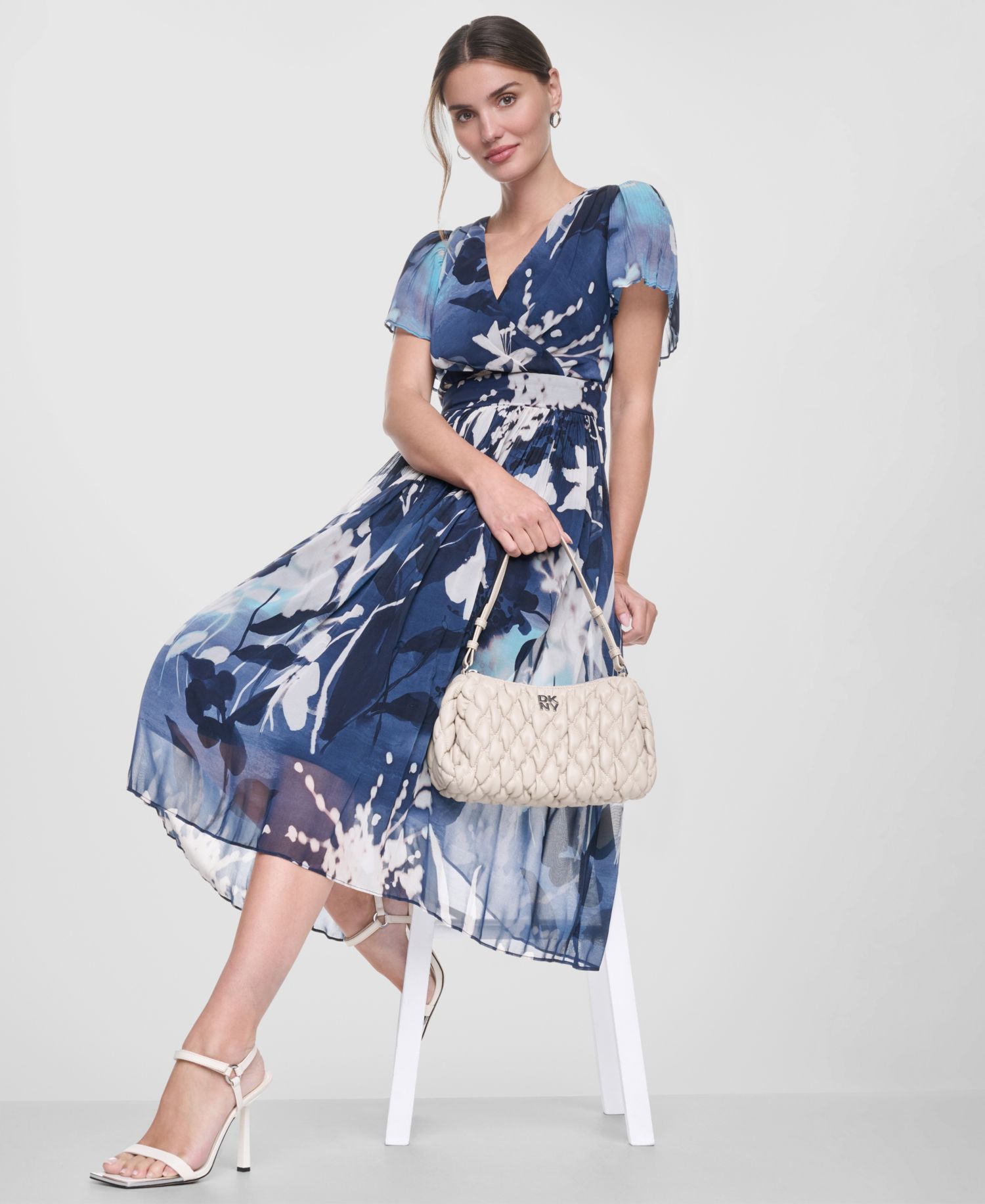 Women's Flutter-Sleeve Release Pleat Midi Dress