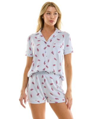 Women's Short-Sleeve Notch Collar Top and Shorts, 2-Piece Set