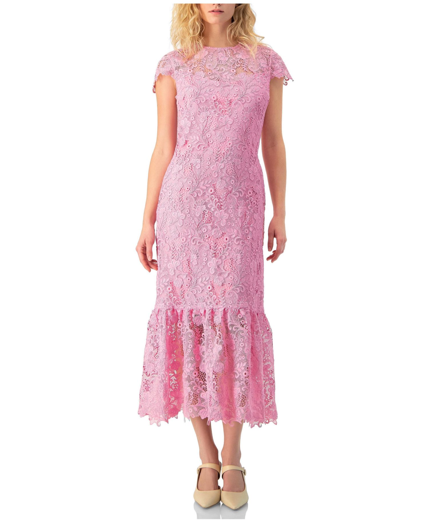 Women's Lace Cap-Sleeve Midi Dress