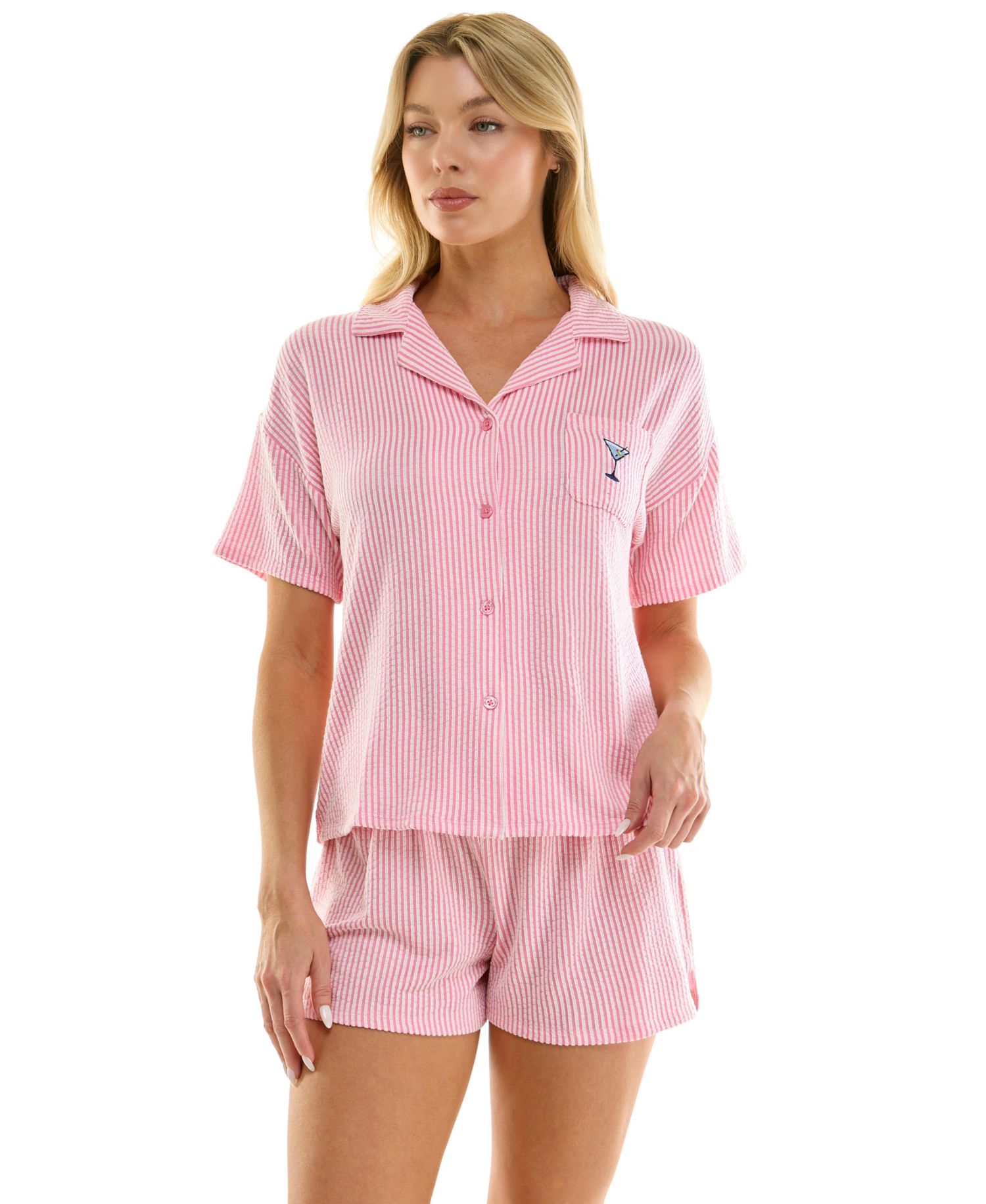 Women's Knit Seersucker Notch Collar Top and Shorts, 2-Piece Set