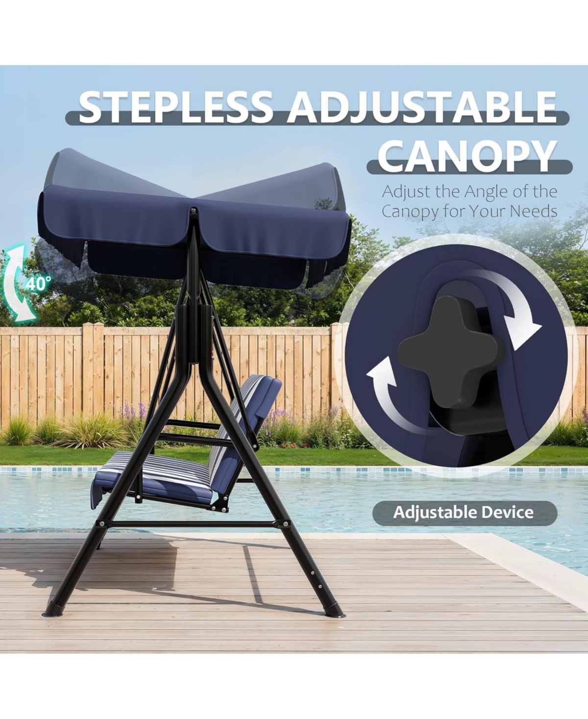 GarveeLife Outdoor Porch Swing with Adjustable Canopy, 3-Seat Swing Chair Heavy Duty Outdoor Swing Metal Frame Patio Swing for Garden Backyard