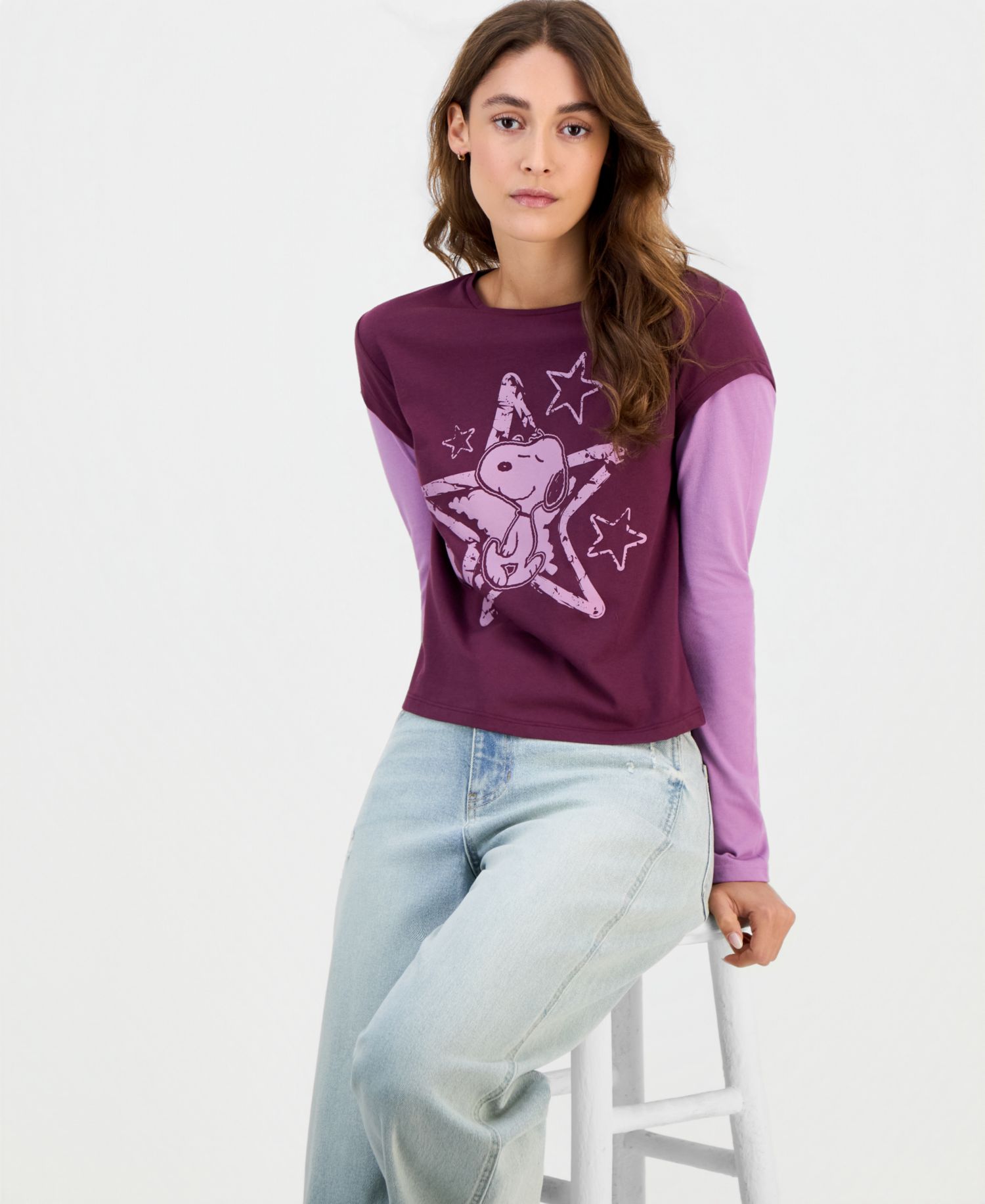 Juniors' Snoopy Long-Sleeve Layered-Look Baby Tee