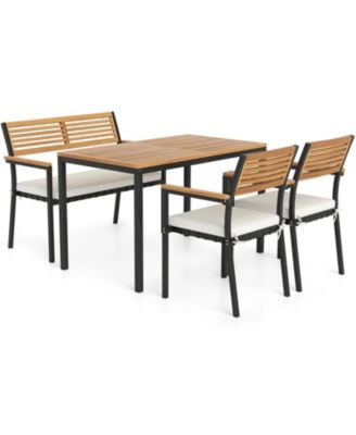 4 Piece Acacia Wood Patio Dining Set with Rectangular Table, 2 Chairs and Bench, Umbrella Hole