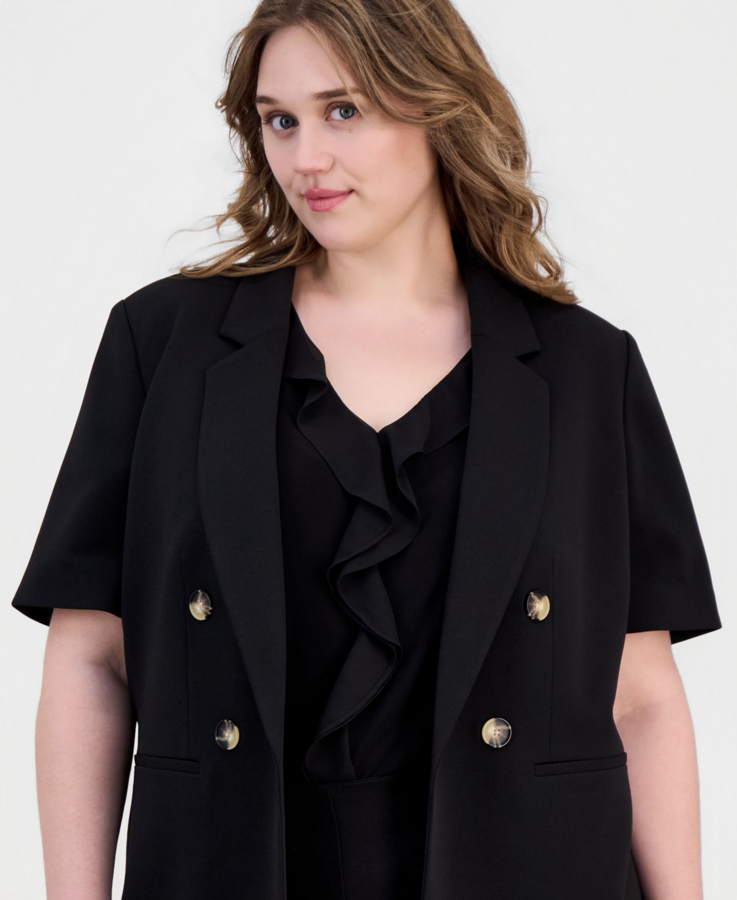 Женский пиджак Anne Klein Plus Size Short-Sleeve Open-Front Blazer, цвет: Чёрный — фото 3
