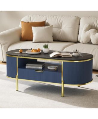 Modern Luxury Oval Coffee Table with Drawer, 48" Fluted Coffee Table with Faux Marble Top, Curved Profile Design, Gold Metal Decor