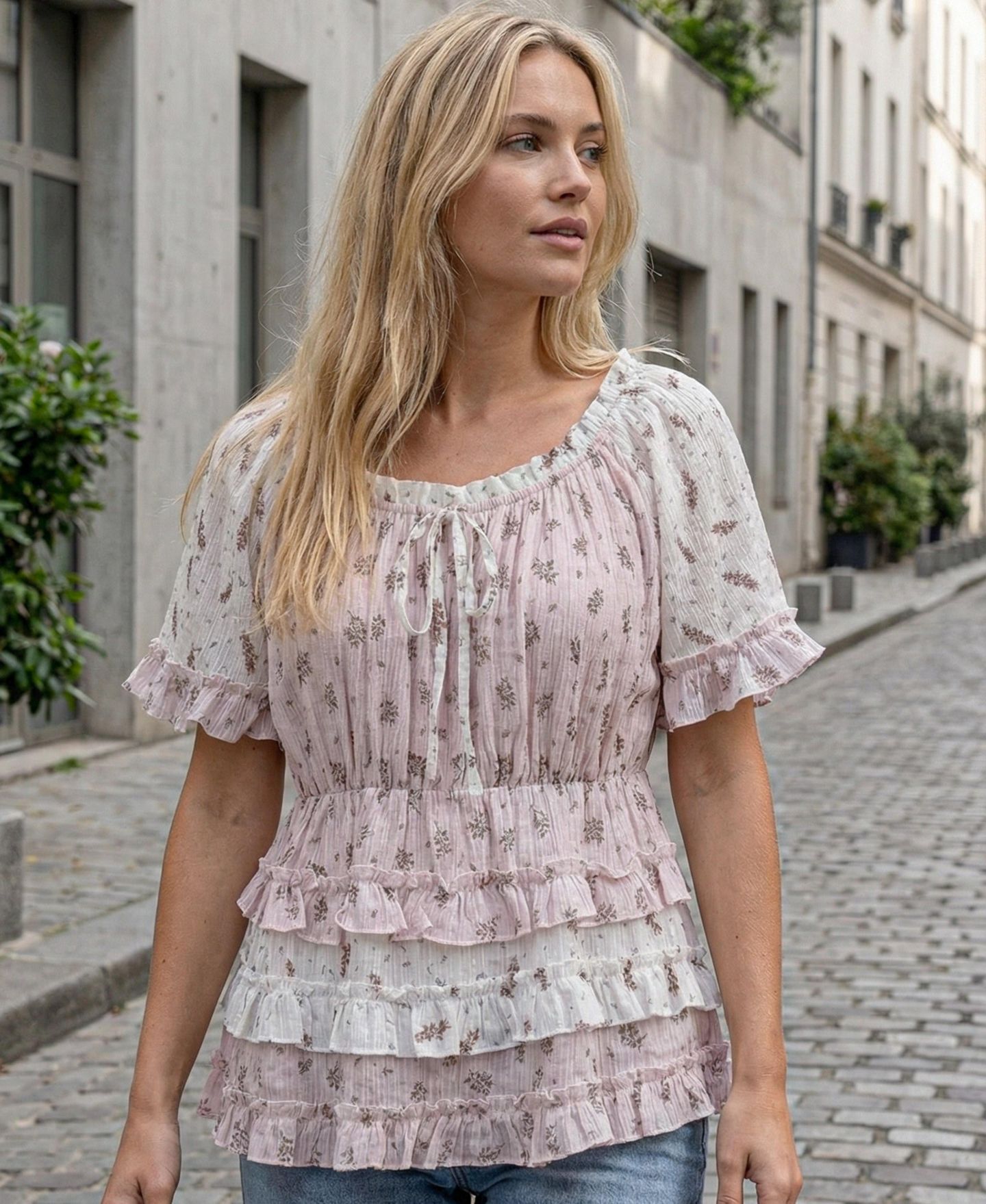 Женский топ Modenaire Floral Tie-Neck Ruffle Peplum, цвет: Розовый — фото 8