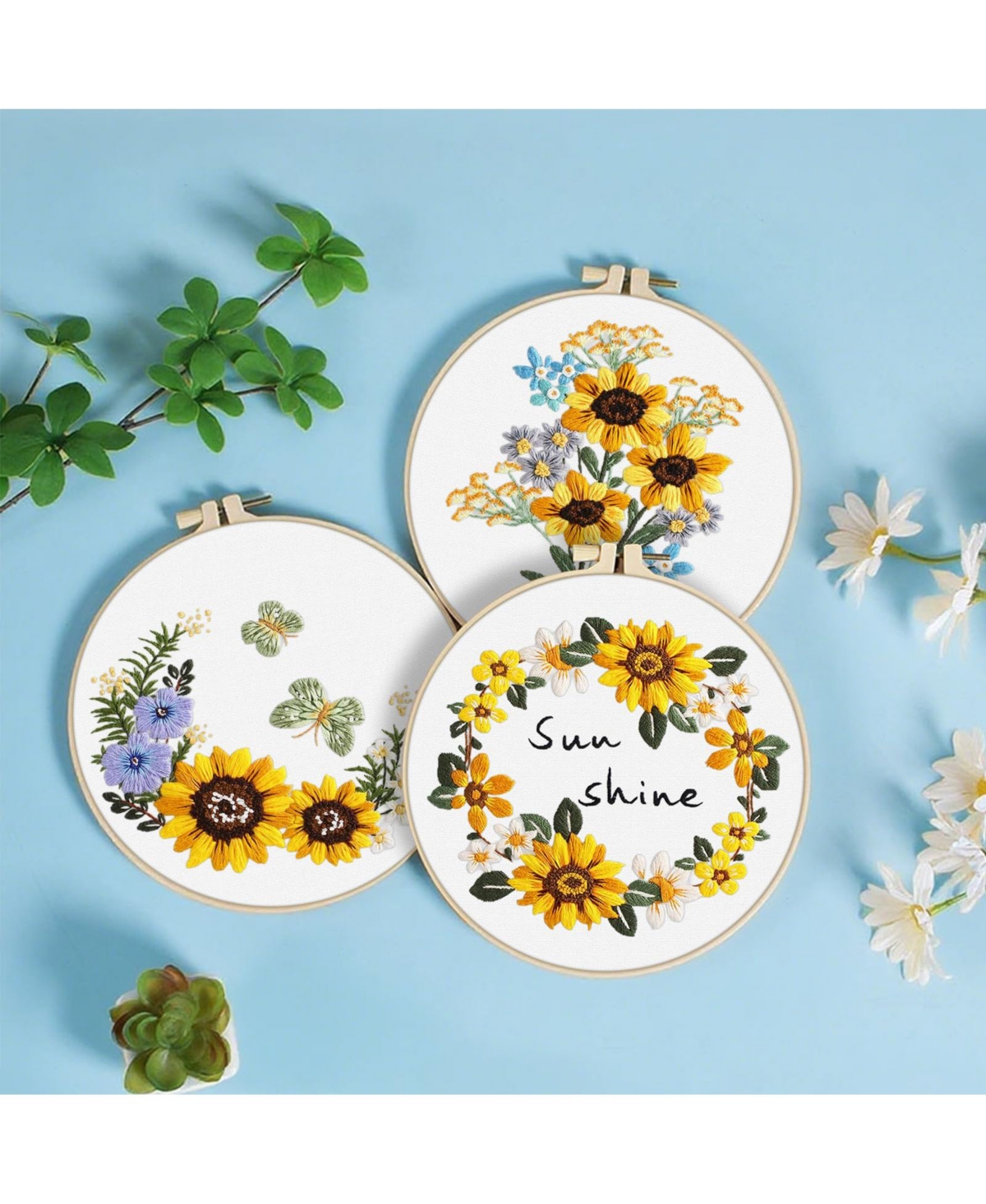 Gnuadz 3 Sets Sunflower Embroidery Kit Cross Stitch Set