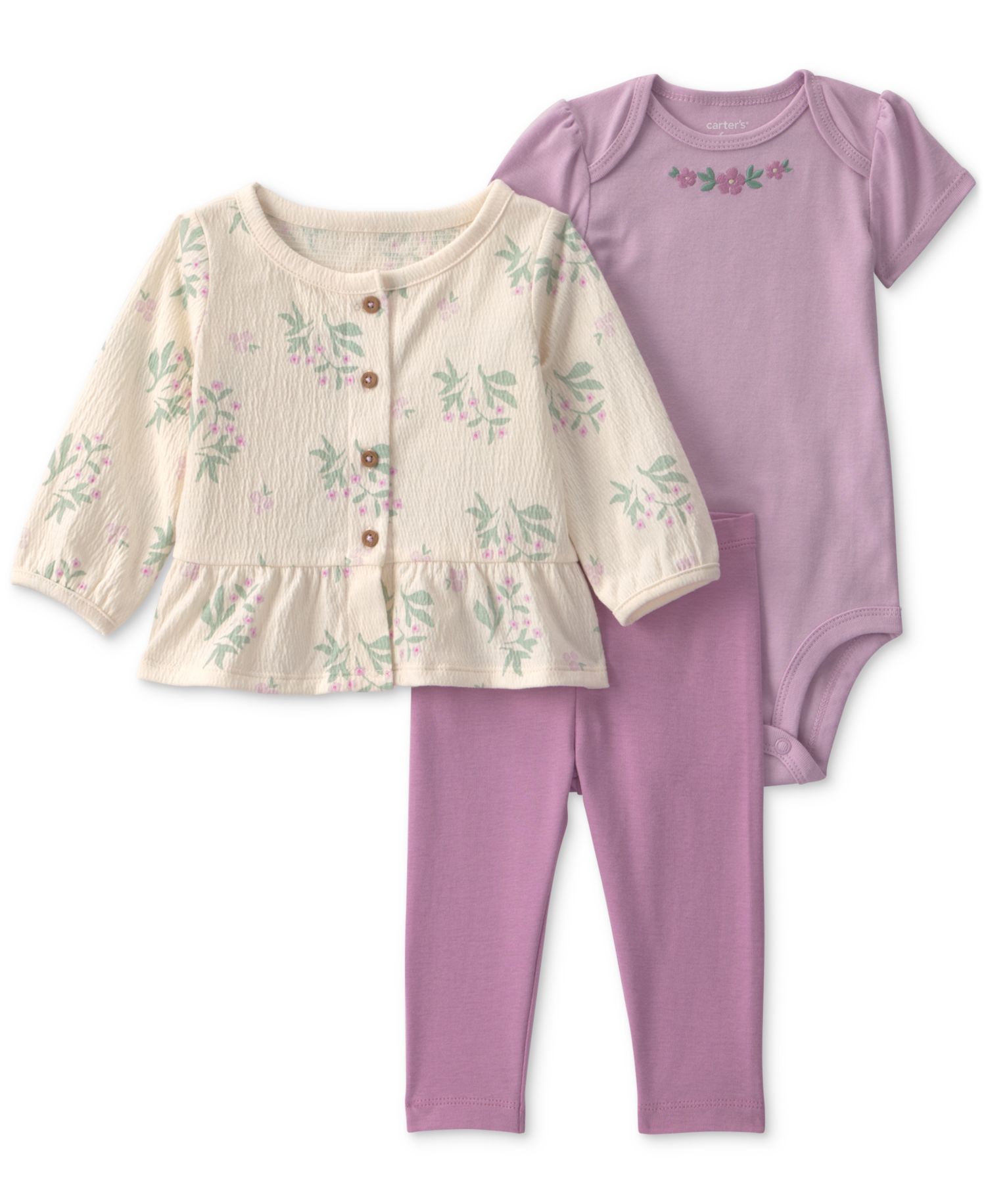 Baby Girls' Floral Layering Bodysuit, Cardigan and Pants, 3-Piece Set