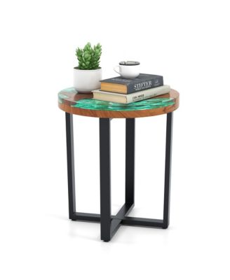 20'' Round Teak Wood End Table Solid Live Edge Outdoor Side Table with Mahogany Base