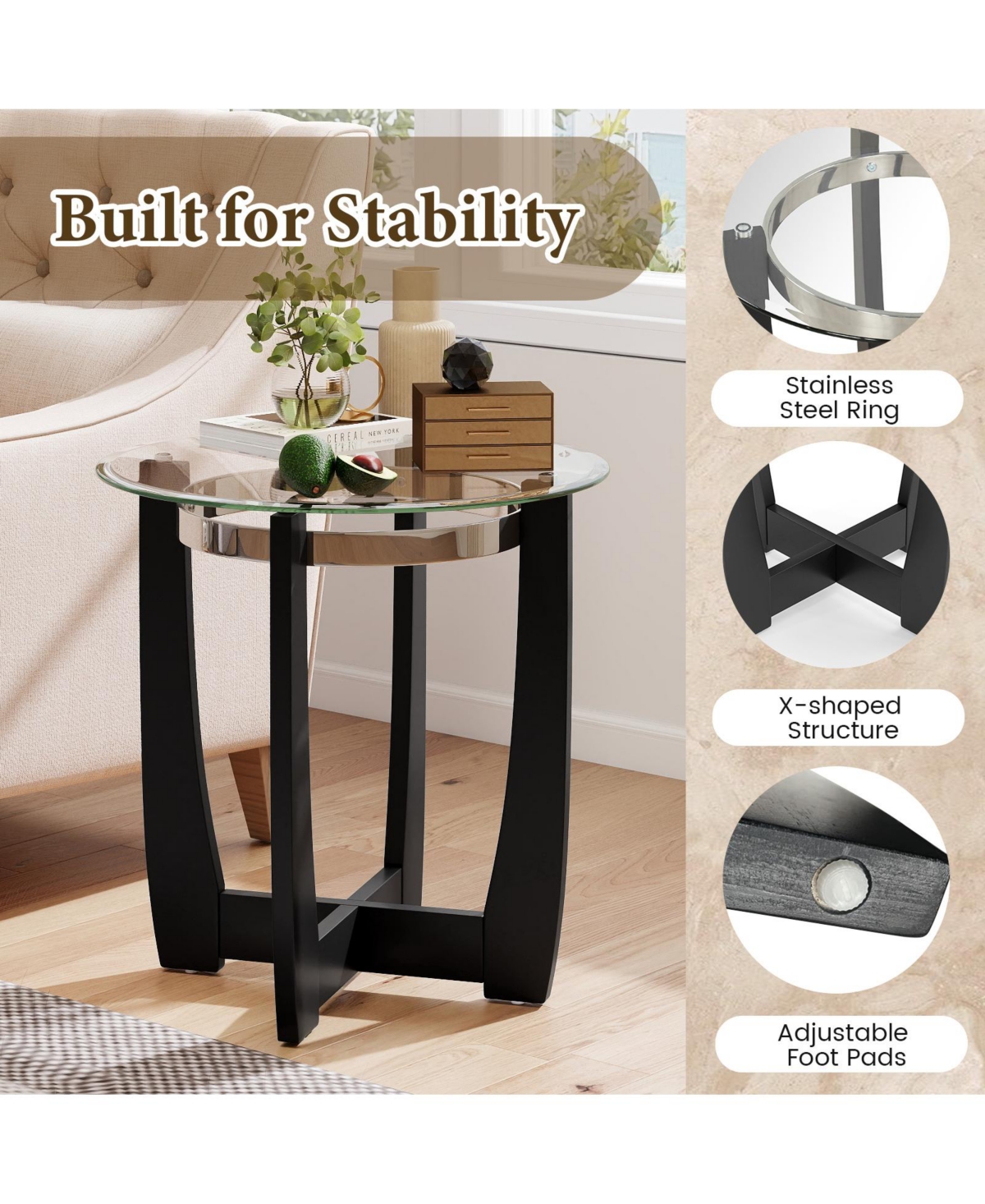 Slickblue Modern Round End Table with Glass Top and Rubber Wood Base, Accent Side