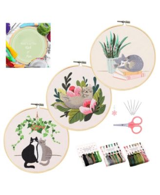 3 Pack Embroidery Kit Beginners Cat Pattern Cross Stitch Hoops Threads Needles