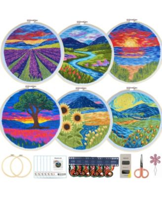 6 Pack Embroidery Starter Kit Stamped Cross Stitch Beginner Hoop Instructions Landscape Scenery Set