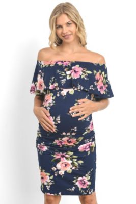 Maternity Bodycon Off-the-Shoulder Floral Ruffle Dress