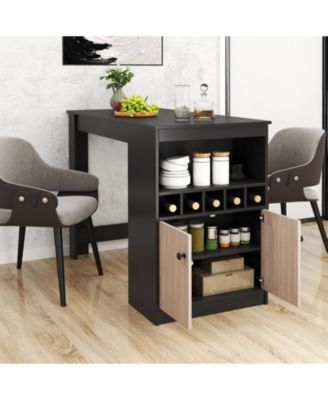 Home Bar Table with Wine Rack and Storage Cabinet, Space Saving Kitchen Furniture