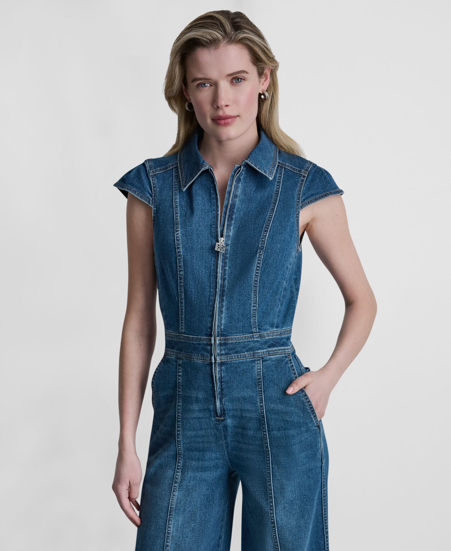 Women's Wide-Leg Cap-Sleeve Denim Jumpsuit