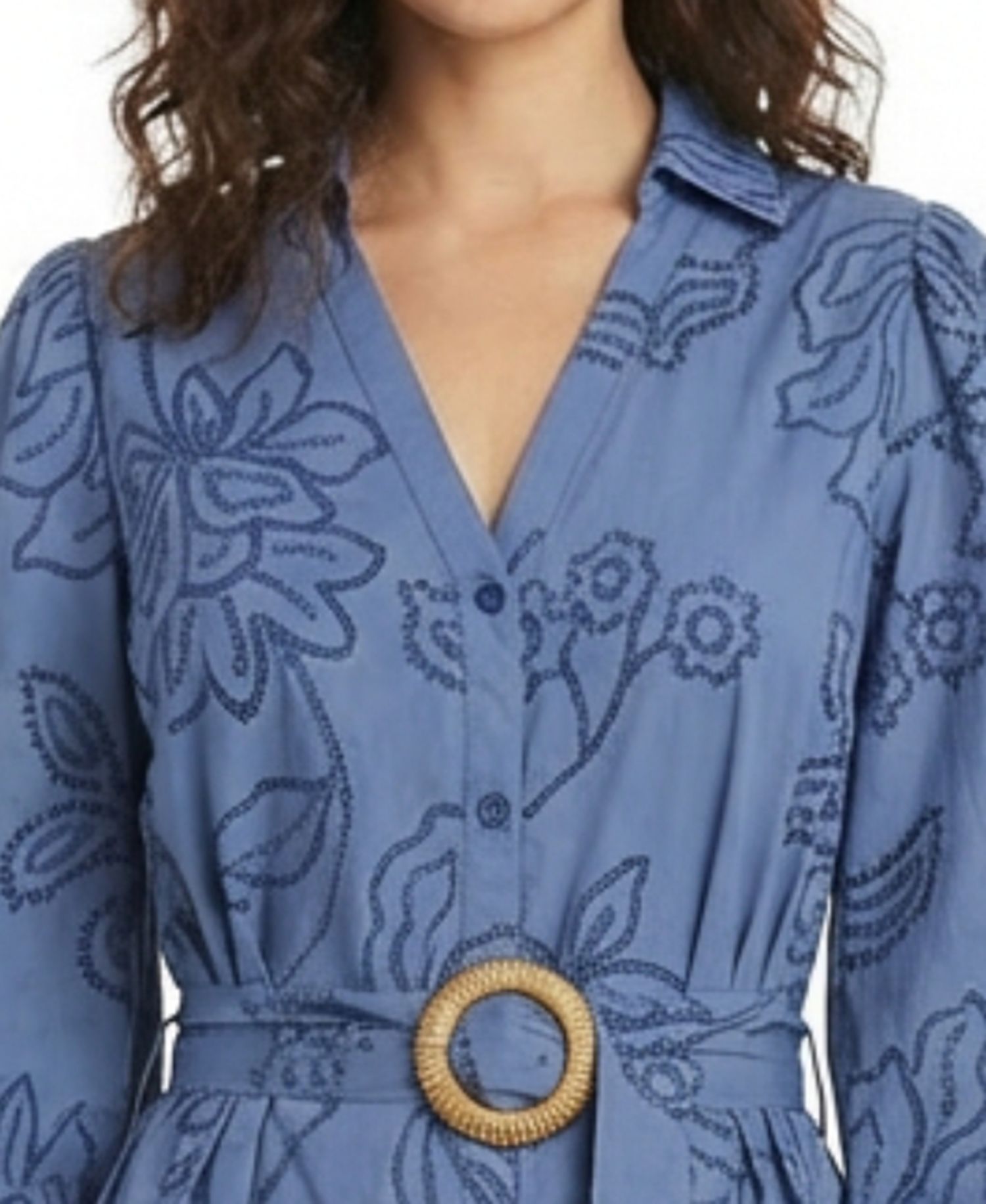 Petite Belted Embroidered Collared Shirt Dress