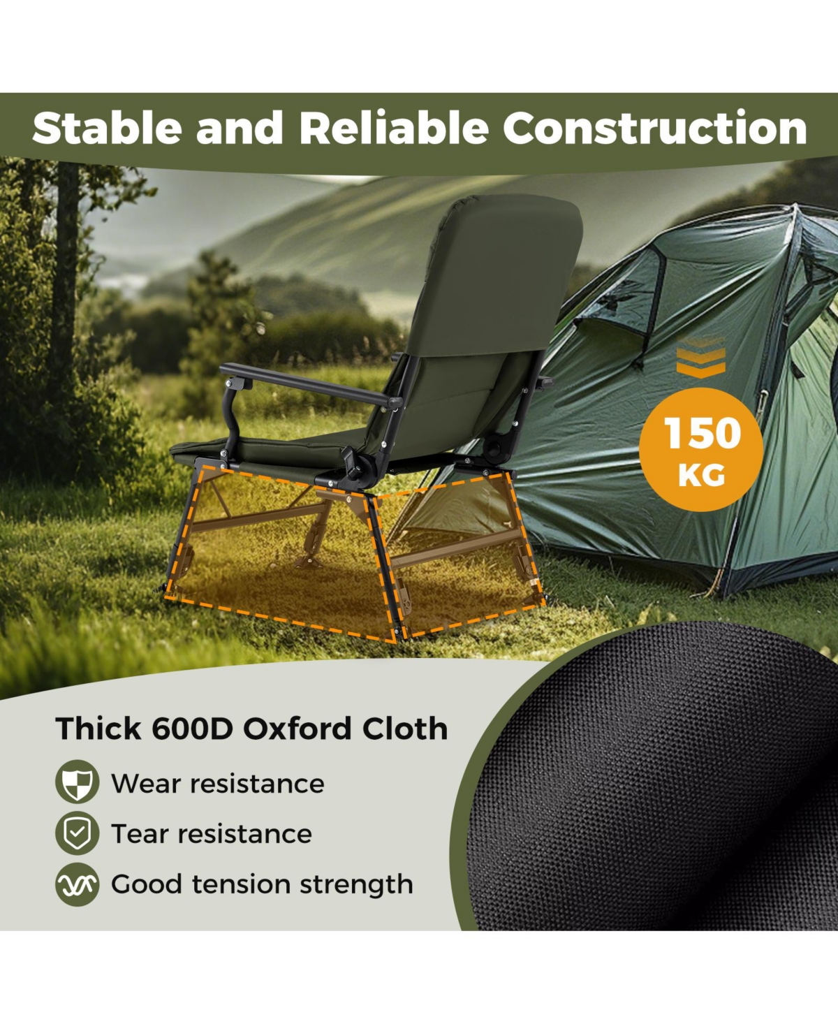 Gouun Oversized Foldable Fishing Chair for Adults with Padded Armrests, Cup Holder and Carry Bag