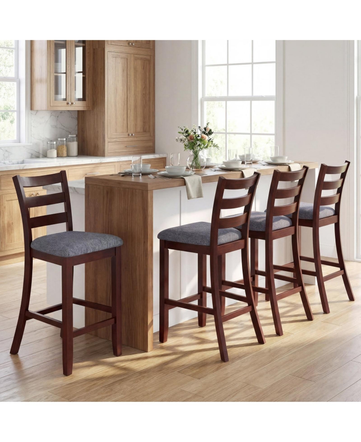 Gouun Set of 2 Counter-Height Upholstered Barstools with Rubber Wood Legs