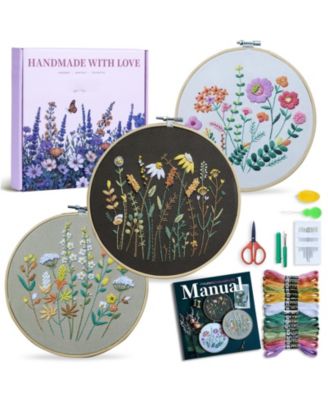 3-pack Embroidery Kit Adult Floral Stitch Video Tutorial Guide Gift