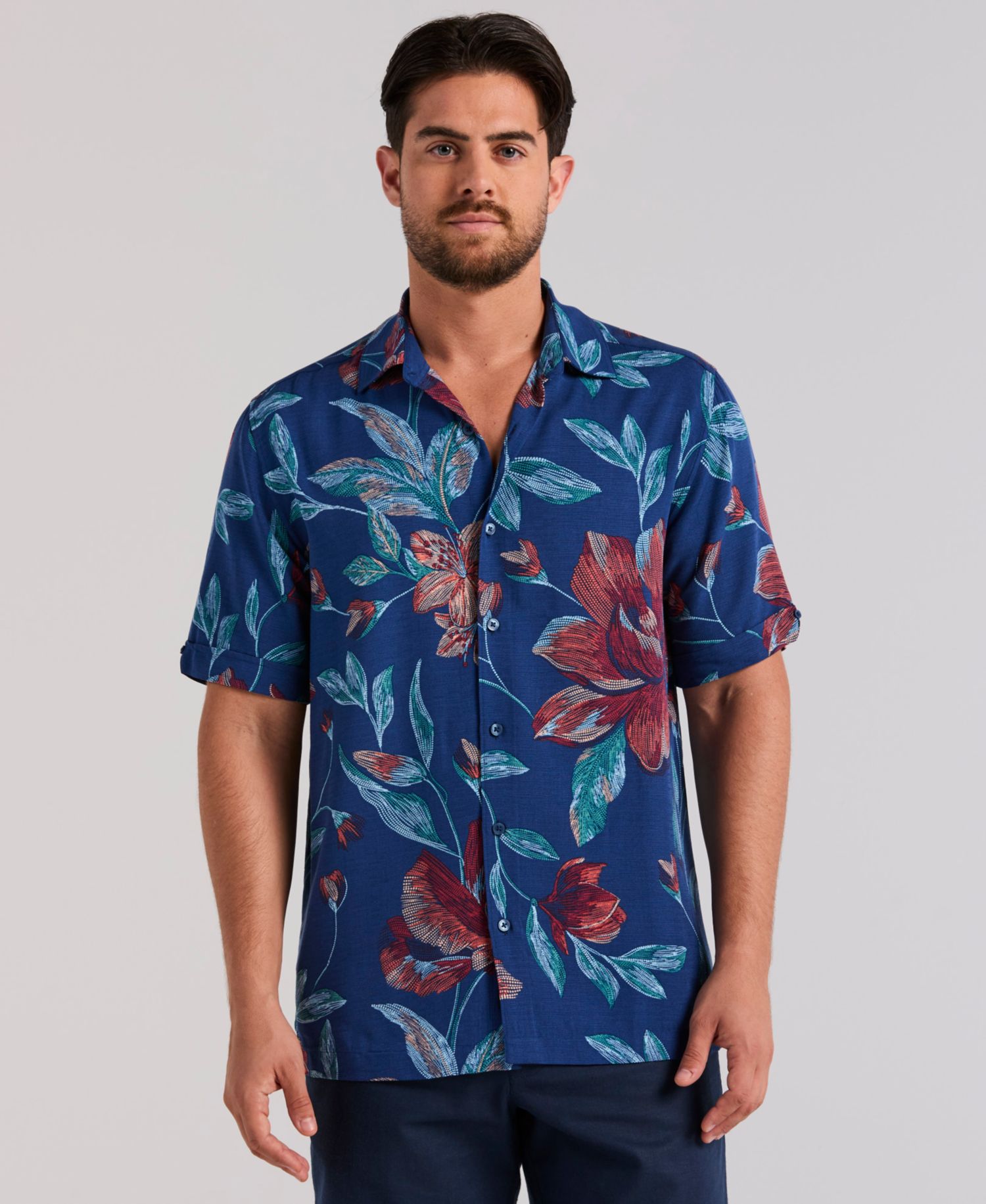 Men's Short-Sleeve Pointilism Floral Print Shirt