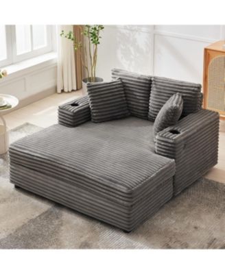 60" Oversized Corduroy Chaise Lounge Indoor, Sleeper Sofa with Charging Station, Cup Holders and Pillows for Living Room