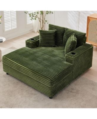 60" Oversized Corduroy Chaise Lounge Indoor, Sleeper Sofa with Charging Station, Cup Holders and Pillows for Living Room
