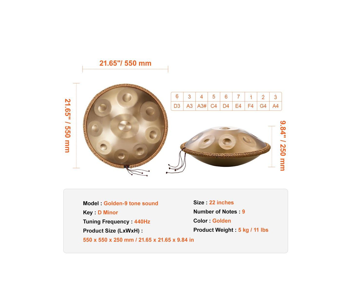 Детские игрушки SUGIFT 22 in 9 Note D Minor Handpan Steel Drum with Mallets Stand and Carry Bag, цвет: Золотой — фото 8