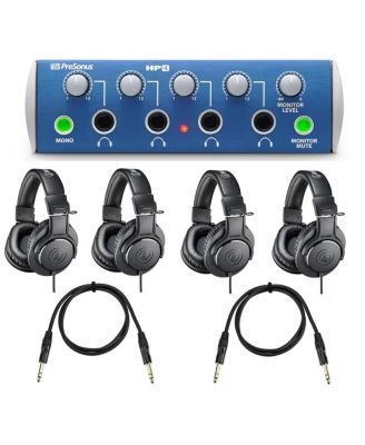 HP4 4 Channel Headphone Distribution Amplifier - Bundle with 4 Pack AT ATH-M20x Pro Monitor Headphones, HandA 3'TRS 1/4in Male