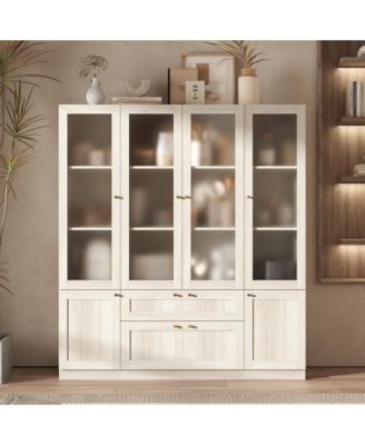 Modern 6-Door 2-Drawer Storage Cabinet - Frosted Glass Wooden Organizer with Gold Handles | 63 Inch Wood Grain Shelf for Living Room or Hallway