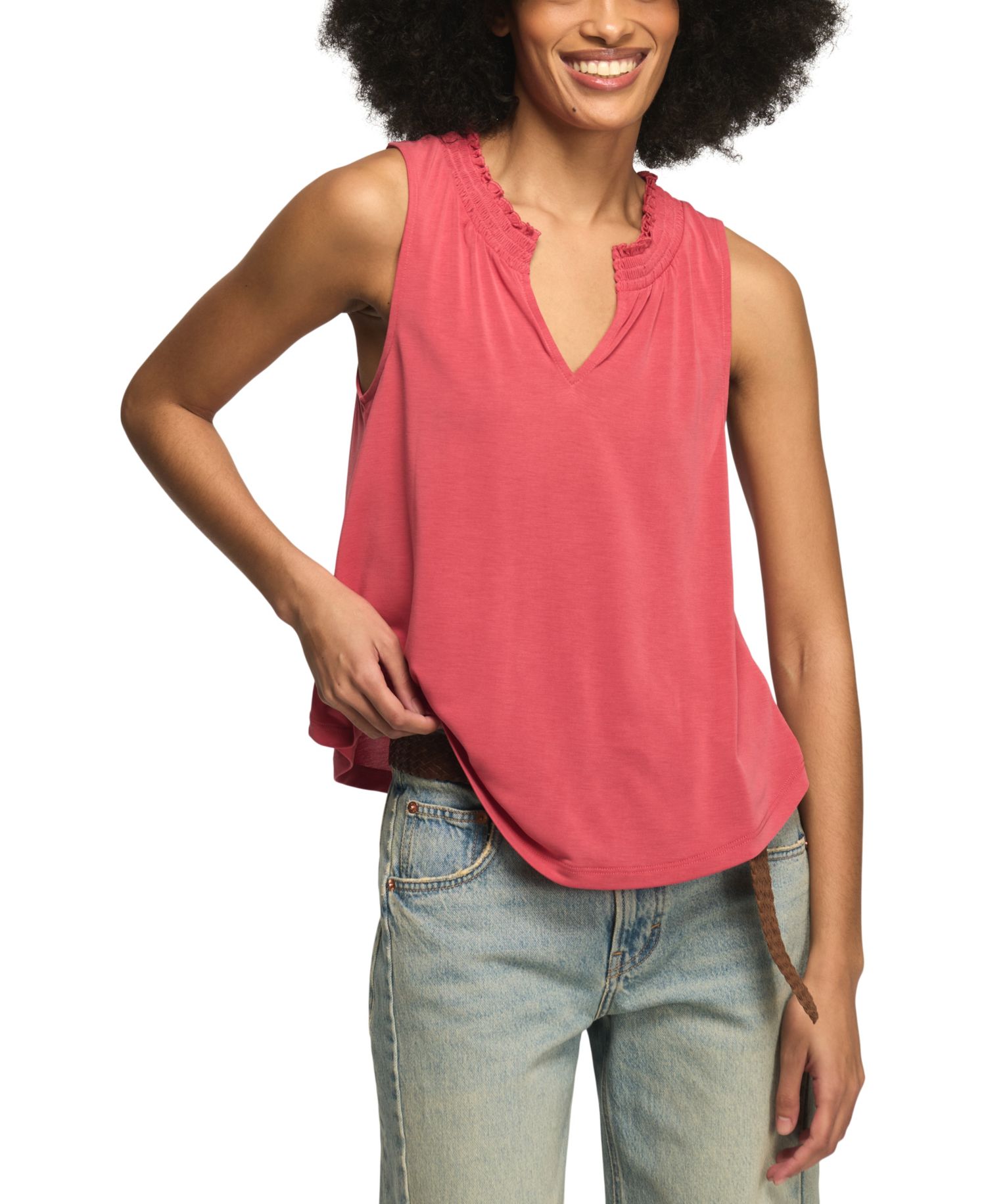 Women's Sandwash Smocked Trim V-Neck Tank Top