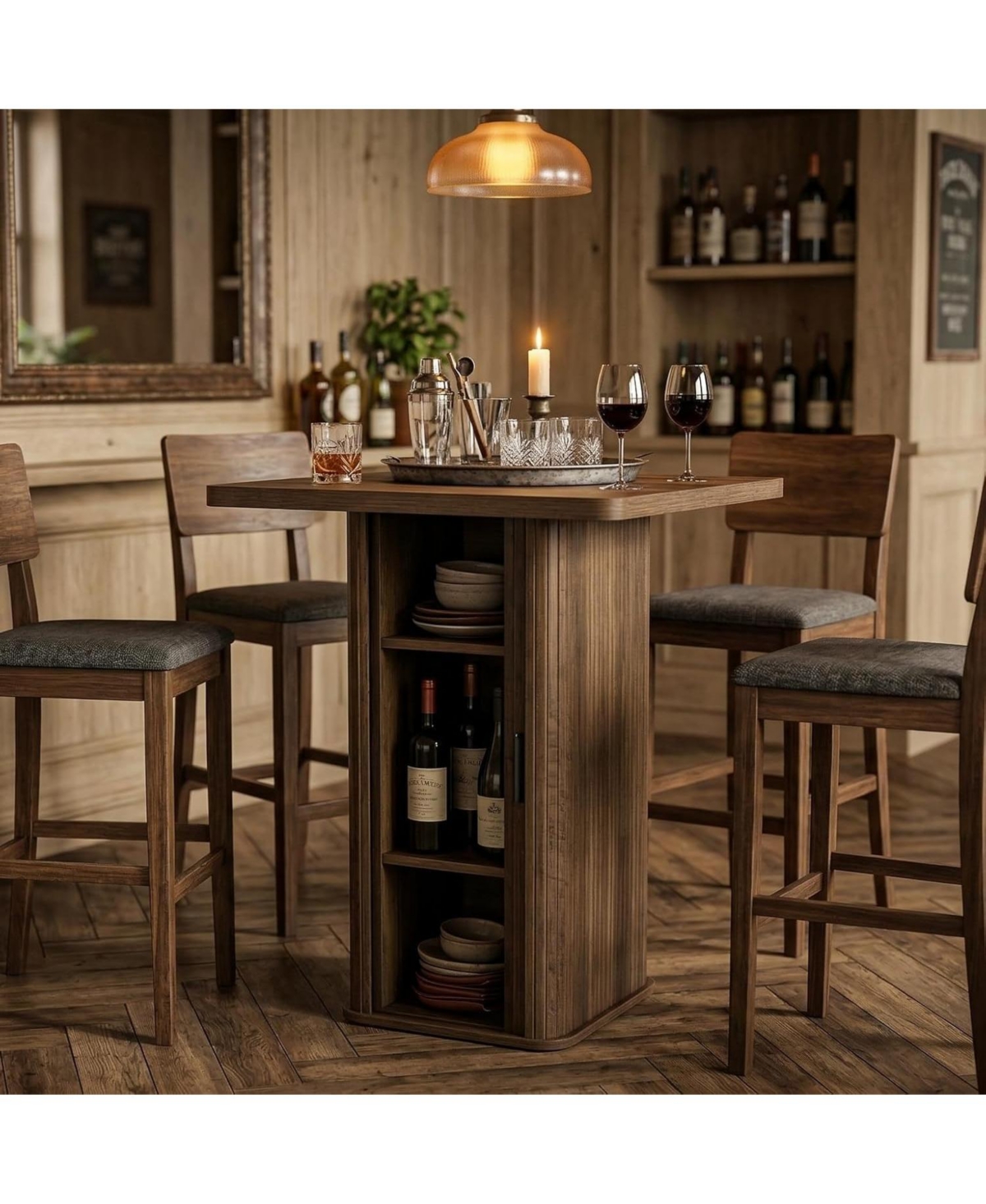 Tribesigns Bar Table with Storage Cabinet 35.43 H High Top Pub Table Square Wooden Bistro with 3-Tier Shelves Farmhouse Bar Furniture