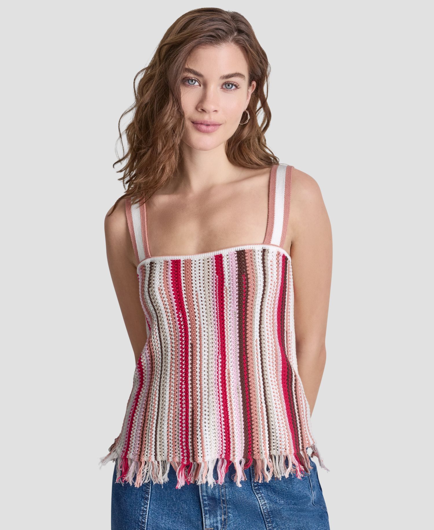 Petite Pointelle Stitch Striped Sleeveless Bandeau Tank Top