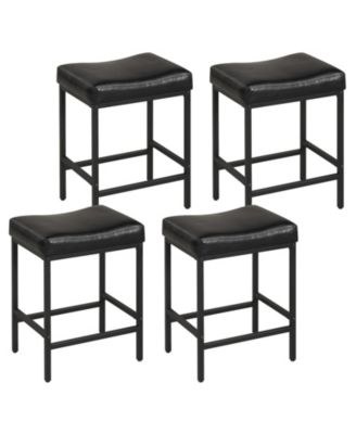 Bar Stools Set of 4 25'' Faux Leather Upholstered Saddle Stools with Metal Legs