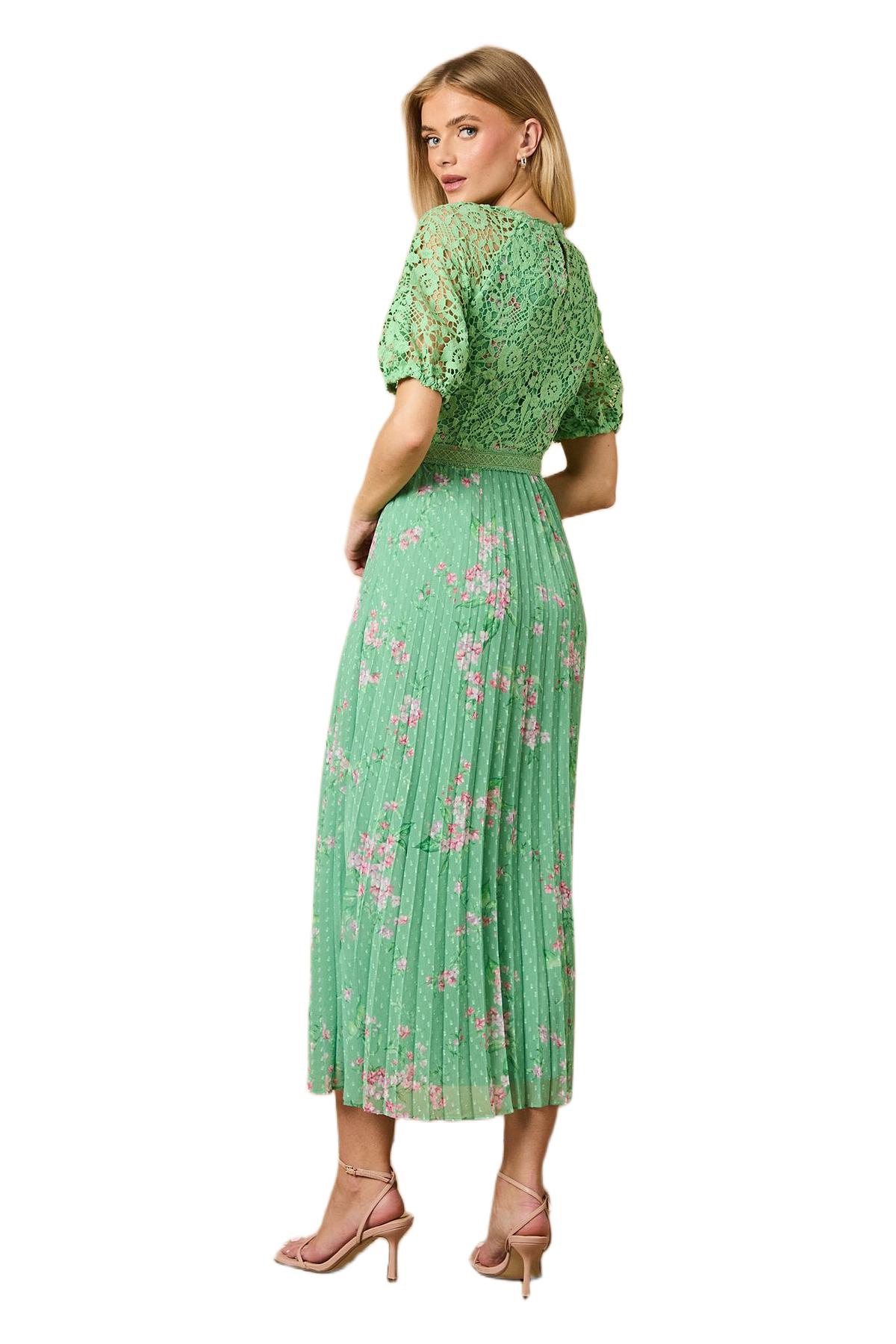 Oasis Women's Floral Lace Bodice Pleated Midi Dress