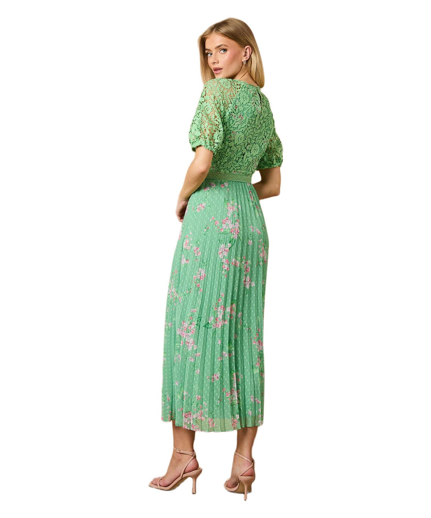 Women's Floral Lace Bodice Pleated Midi Dress