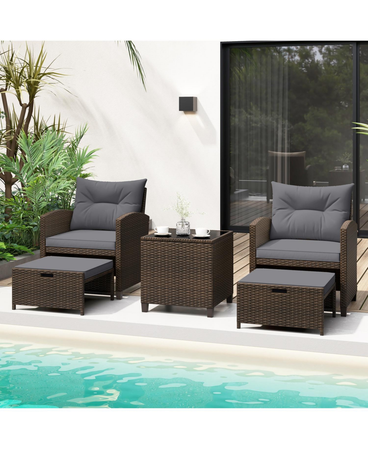 Slickblue Outdoor Rattan Furniture Set 5 Piece with 2 Ottomans & Table