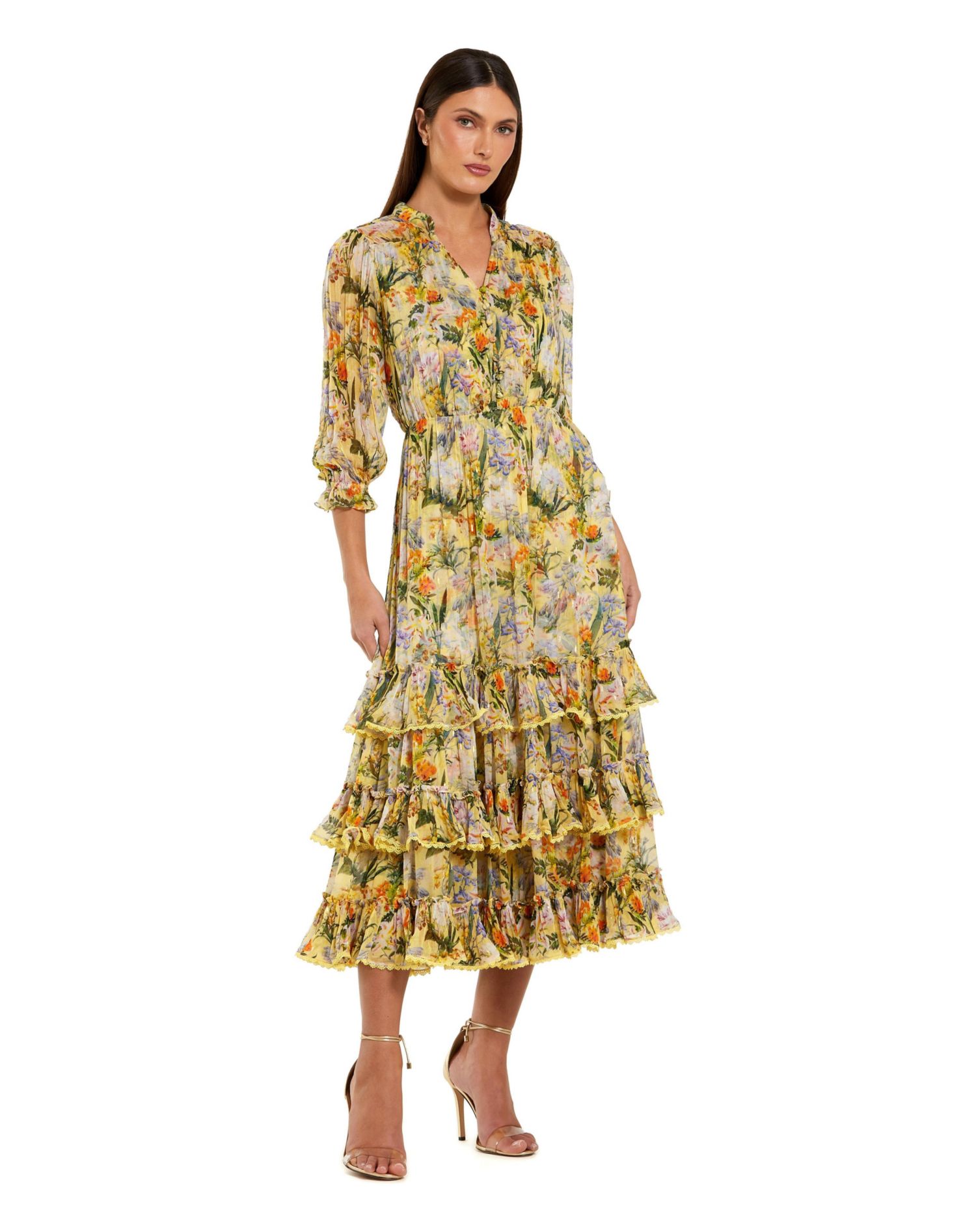 Women's Floral V-Neck Ruffle Tiered Midi Dress with 3/4 Sleeves
