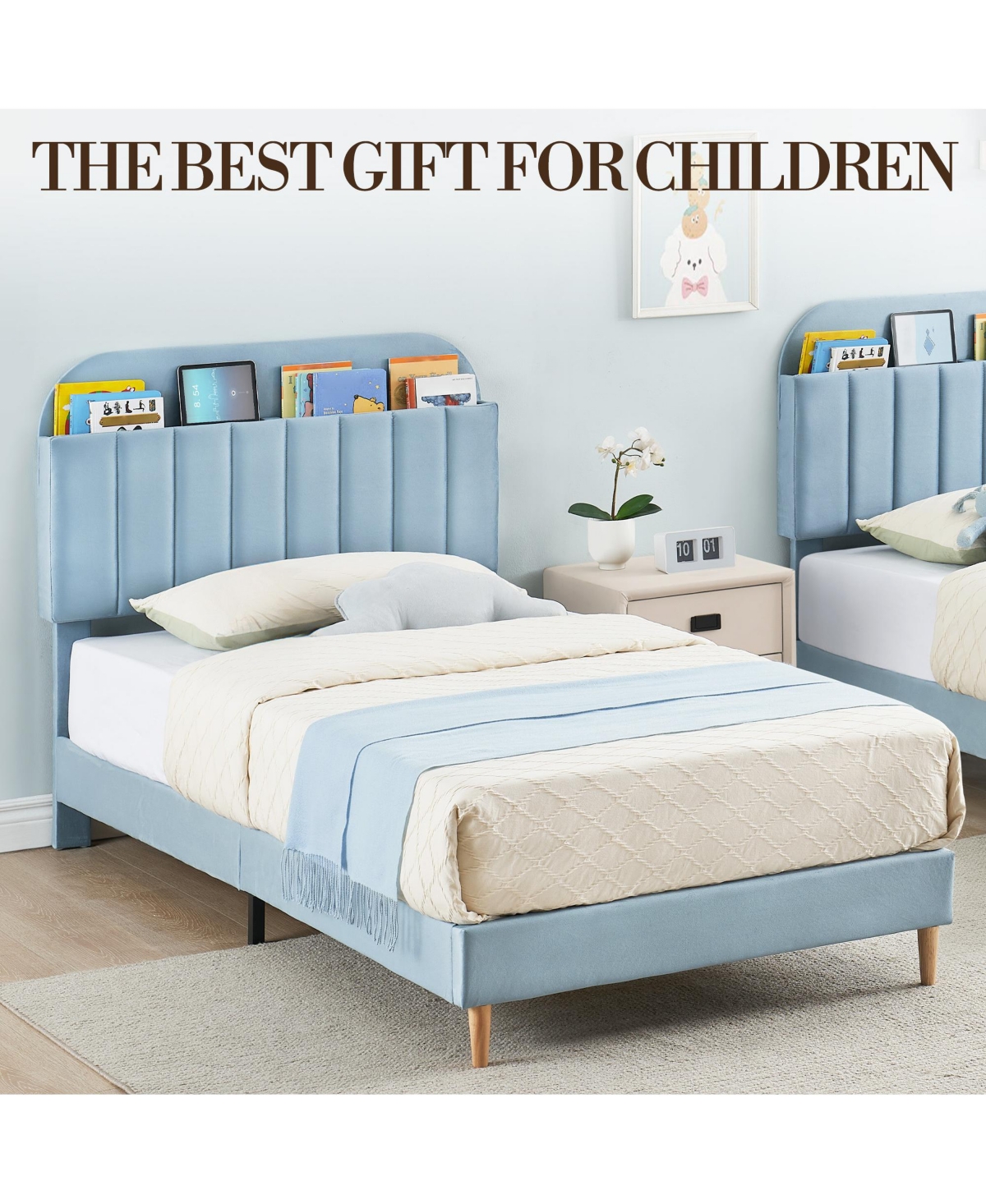 homfan Upholstered Bed Frame with Bookcase Headboard, Storage Cubbies and Wooden Slats Support