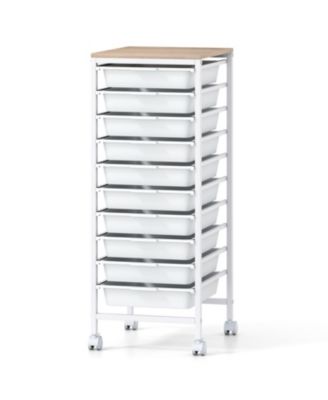 Mobile Utility Cart with 10 Drawers, Wooden Tabletop and Locking Wheels Storage Organizer