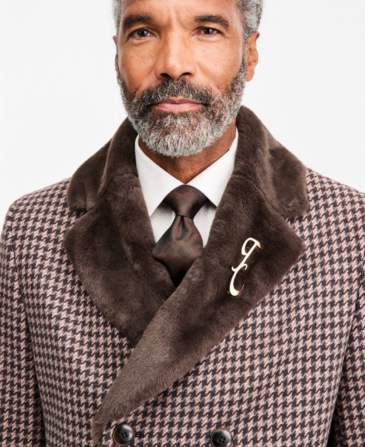 Tayion Collection Men's Regular Fit Tan Houndstooth Double-Breasted Overcoat