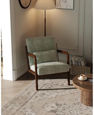 Mid-Century Modern Accent Chair,Wide-Wale Corduroy Upholstery,Solid Wood Armchair with Removable Lumbar Pillow,Sturdy Reading Chair