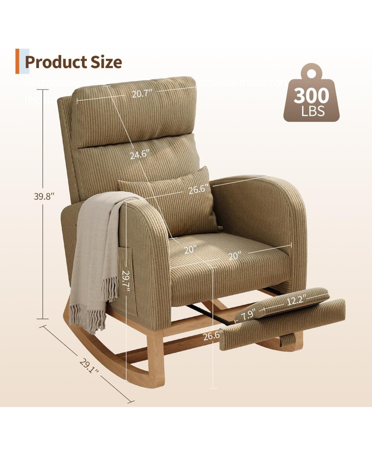 gaomon Corduroy Rocking Chair with Footrest,Modern Nursery Glider Chair with Side Pockets and Pillow,Rocker Chair for Living Room Bedroom