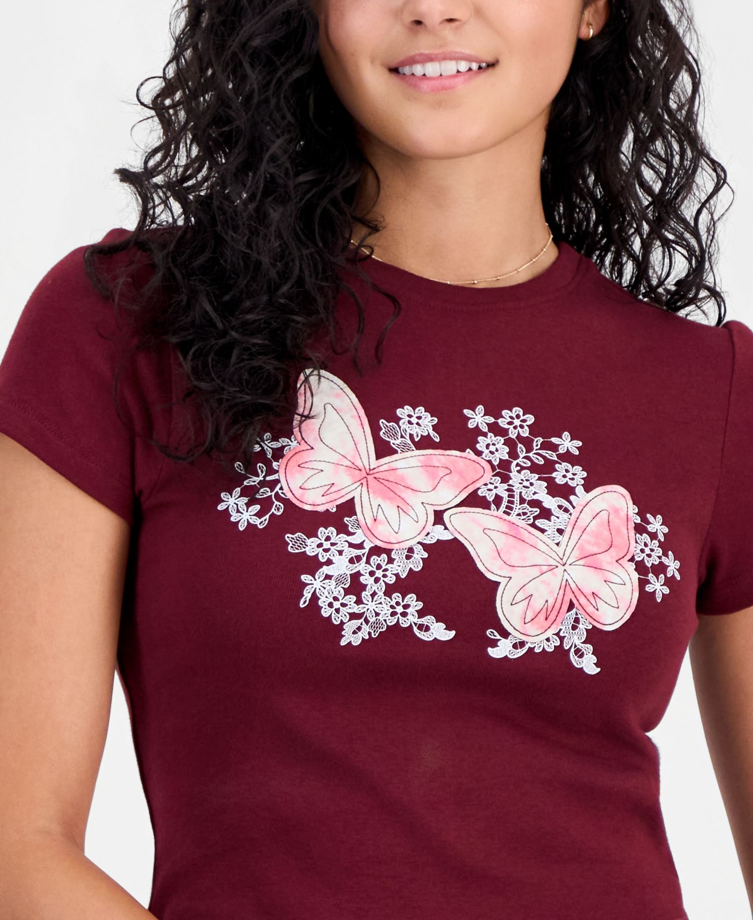 Juniors' Butterfly Embroidered Cropped T-Shirt