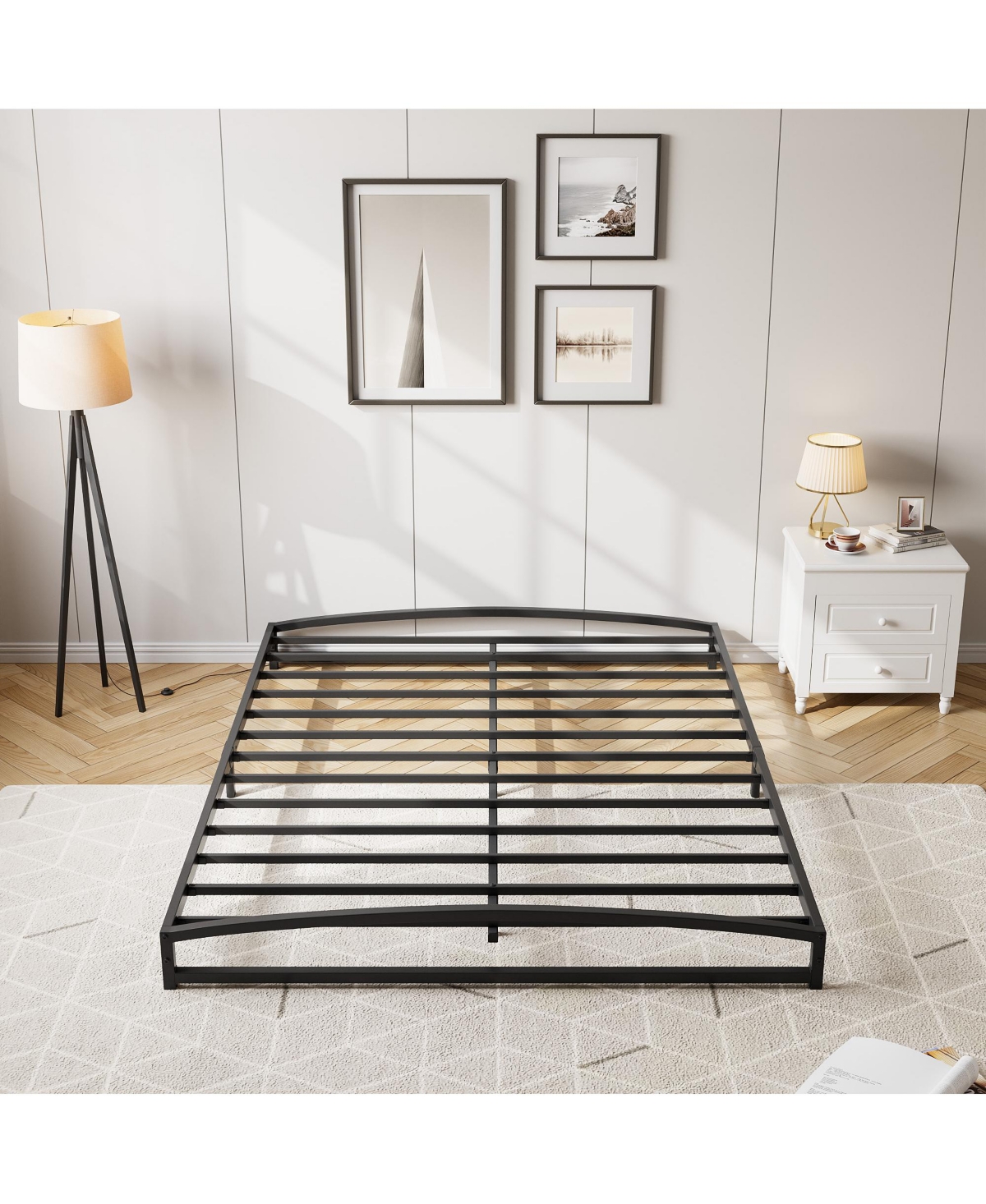 homfan Metal Platform Bed Frame with Arch Headboard and Footboard, Low Profile Steel Slat Support