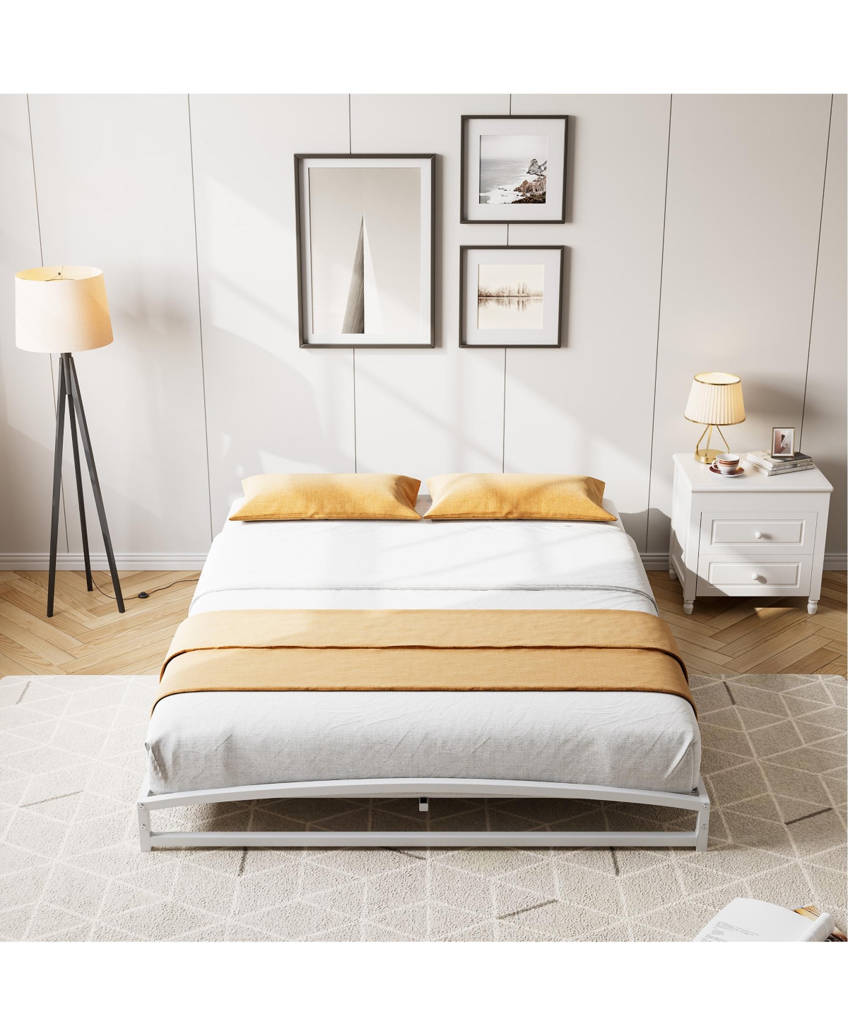 homfan Metal Platform Bed Frame with Arch Headboard and Footboard, Low Profile Steel Slat Support