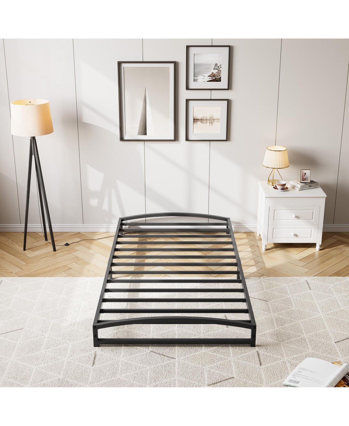 homfan Metal Platform Bed Frame with Arch Headboard and Footboard, Low Profile Steel Slat Support